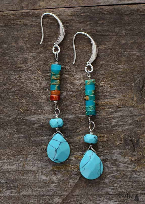 Boho Earrings, Dangle Earrings, Natural Blue and Pink Stones